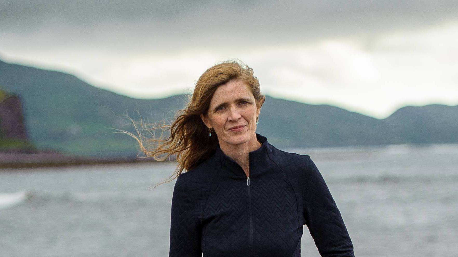 Ambassador Samantha Power, water and mountains in backdrop