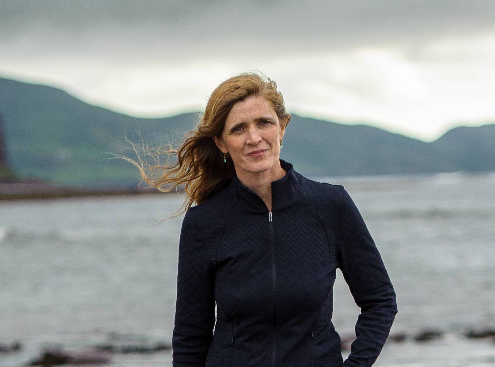 Ambassador Samantha Power, water and mountains in backdrop