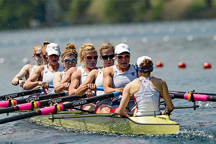 Women rowing in competition at the Olympic Games in Rio, 2016.