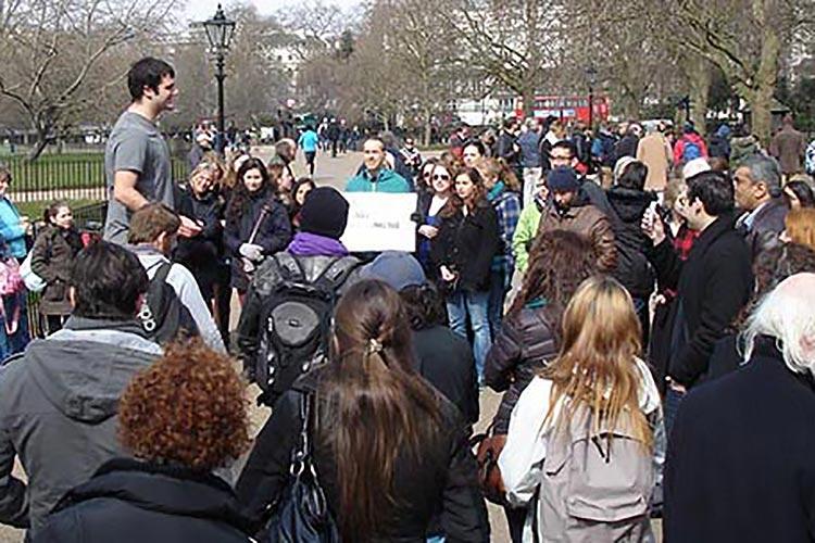 Orator Anthony Tamburro ’14 was one of five London Study Group students to talk to a crowd at Hyde Park’s famous Speakers’ Corner.
