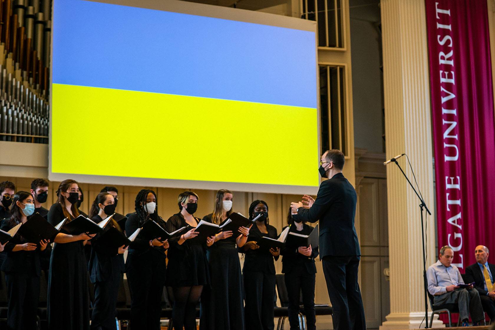 Colgate Chamber Singers perform at a recent vigil in solidarity with the people of Ukraine.