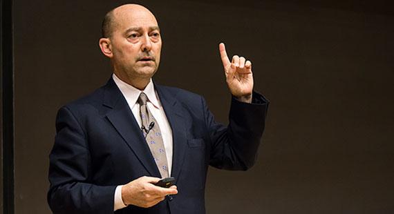 Retired Admiral James Stavridis speaks at Love Auditorium.