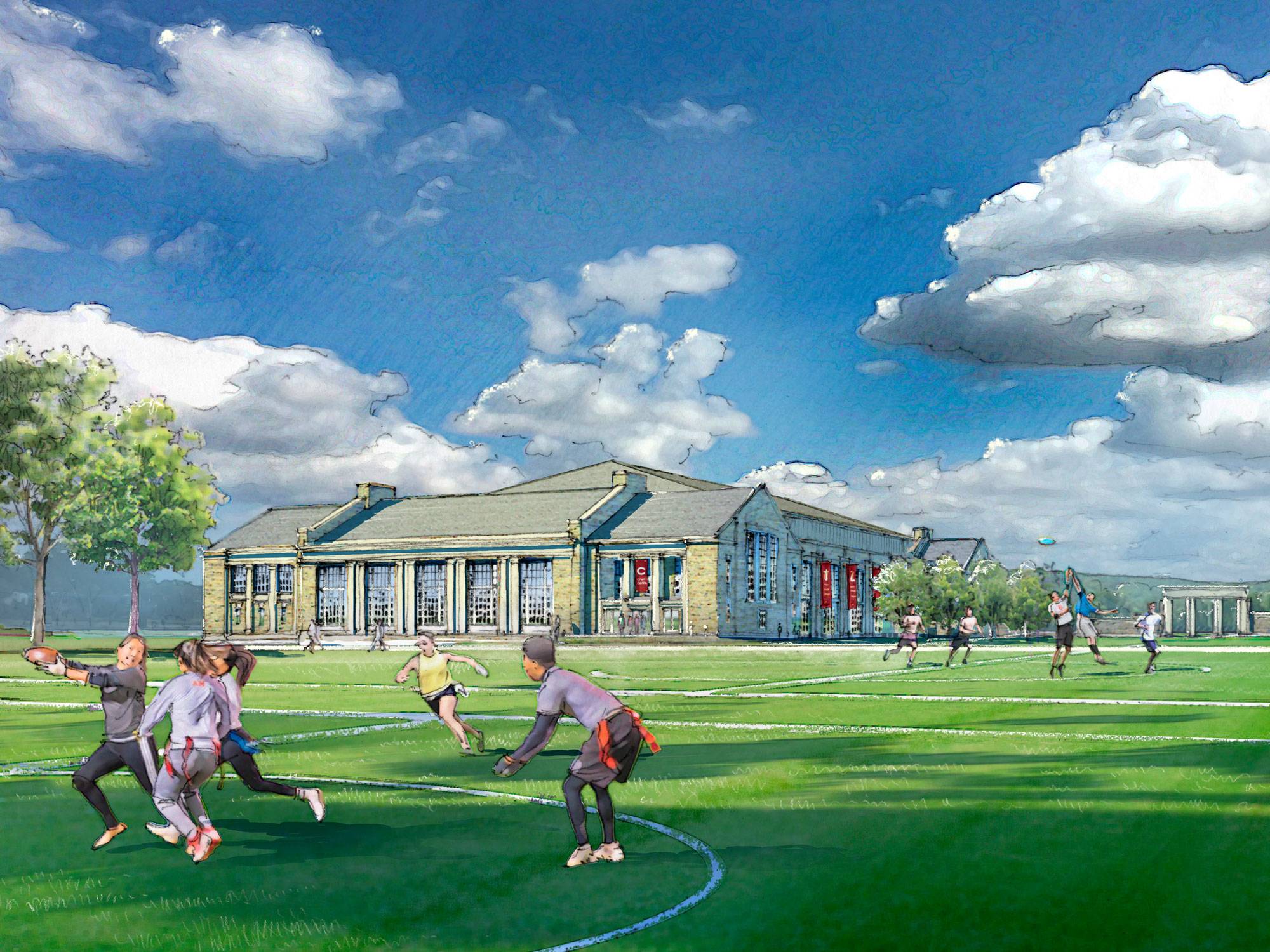 Carey Center rendering with students competing on field in front of building