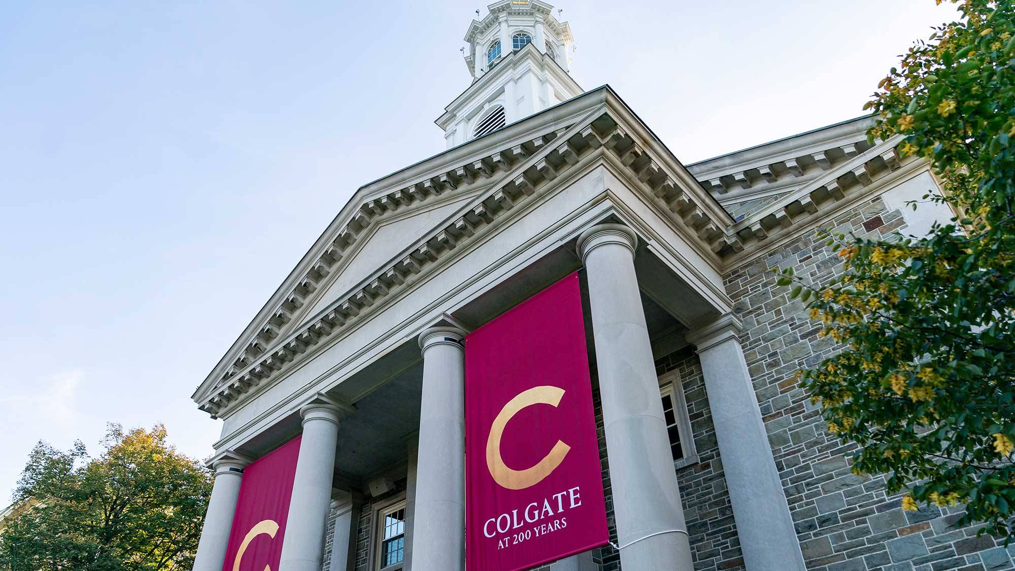 Memorial Chapel with "Colgate at 200" banners hanging from the columns