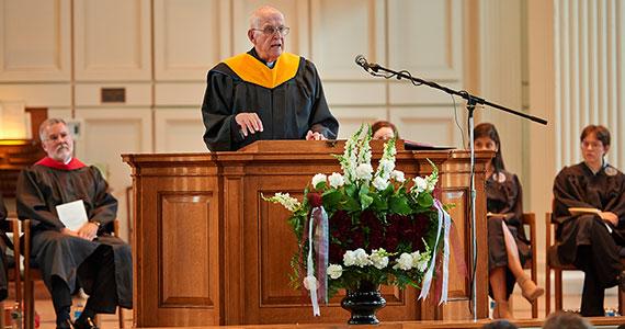 Father George Coyne SJ speaks at Memorial Chapel on Saturday, May 17. (Photo by Andy Daddio)
