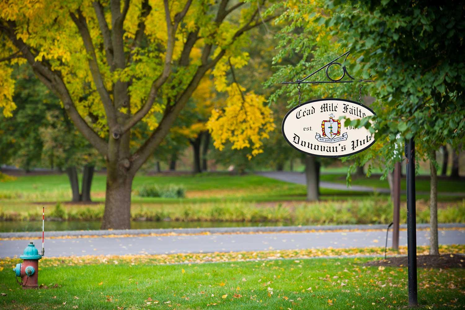 Donovan's Pub sign with an autumn backdrop