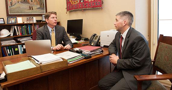 Douglas Hicks, provost and dean of faculty, and Kevin Lynch, chief information officer, see great potential in the ColgateX platform. (Photo by Erica Hasenjager)