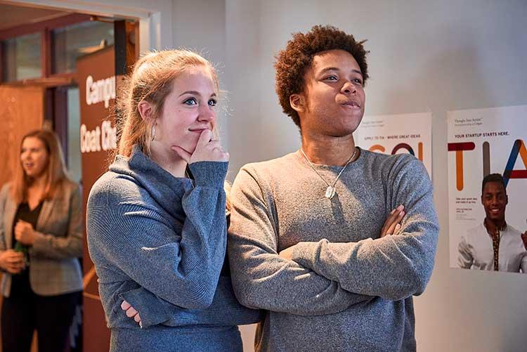 Brandon Doby ’18 and Lauren Sanderson ’18 stand together during Entrepreneur Weekend event