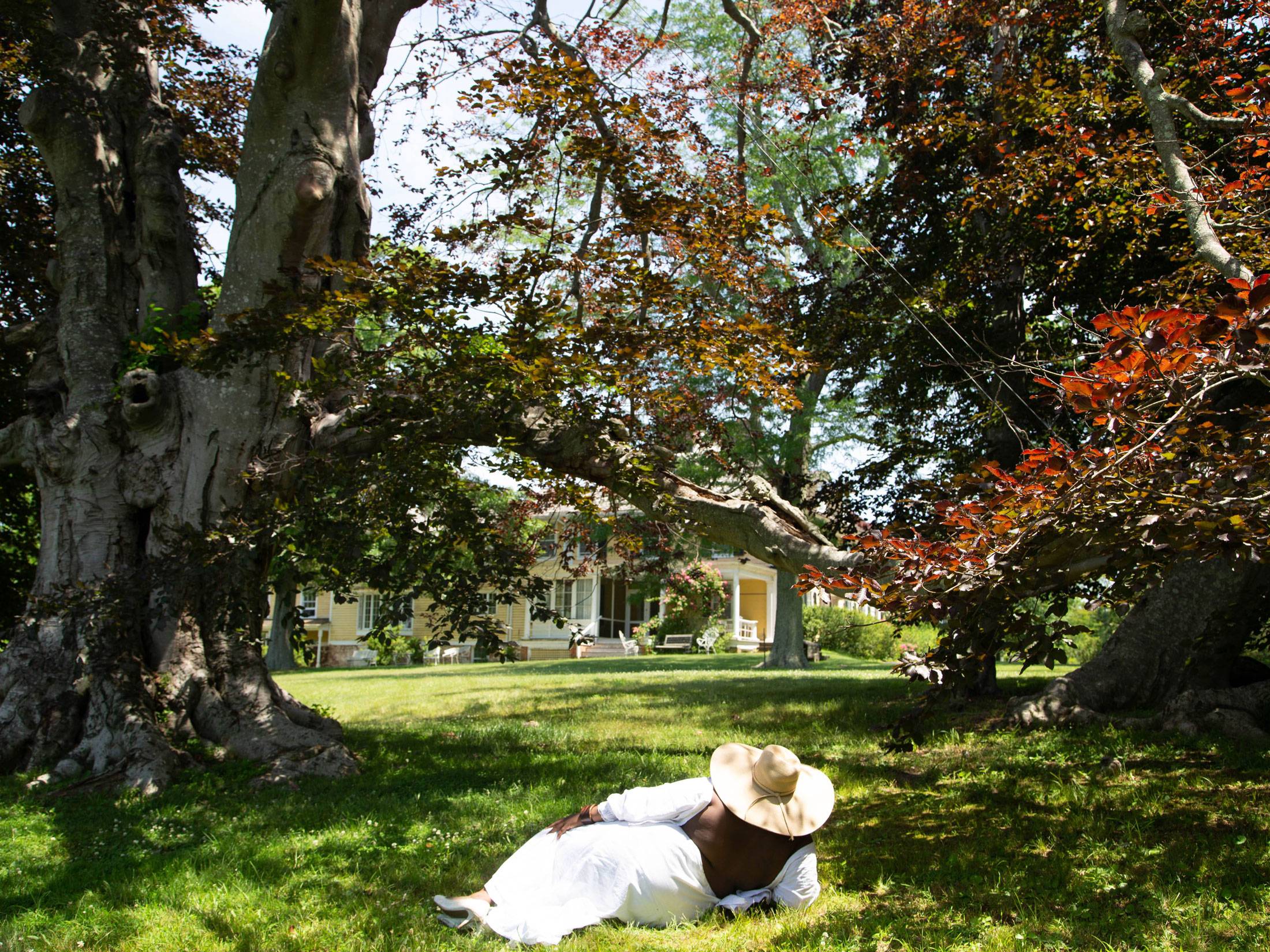 person laying on grass in front of house and trees