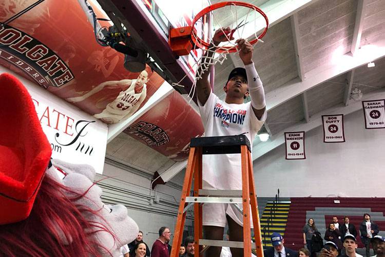 Colgate Raider makes a basket as Colgate Men’s Basketball Wins First Patriot League Championship in 23 Years.