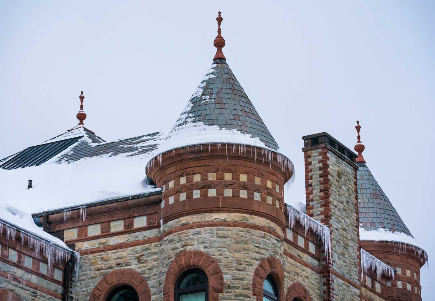 James B. Colgate Hall crusted with snow and ice