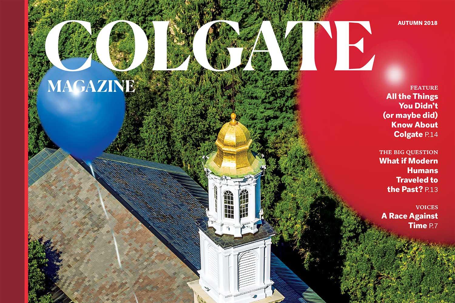 Cover of new Colgate Magazine showing balloons floating by chapel spire