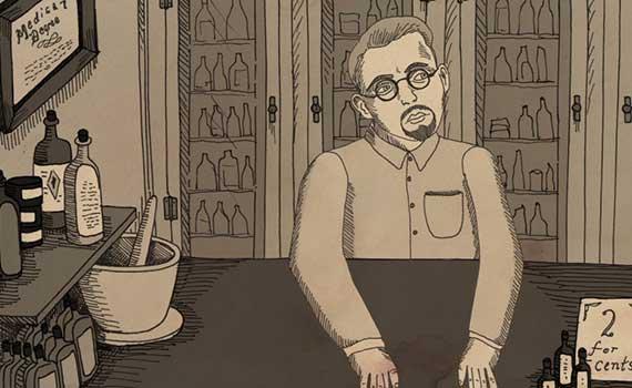 animation from the movie NUTS! showing Dr. John Romulus Brinkley, an eccentric genius who built an empire in Depression-era America with a goat testicle impotence cure