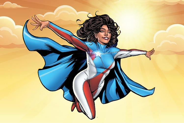 Superheroine La Borinqueña in flight, arms spread