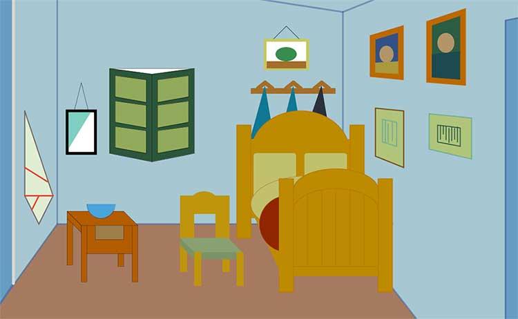 Bedroom in Arles, circa 1888, by Vincent van Gogh, recreated via computer by Hayley Jackson ’22