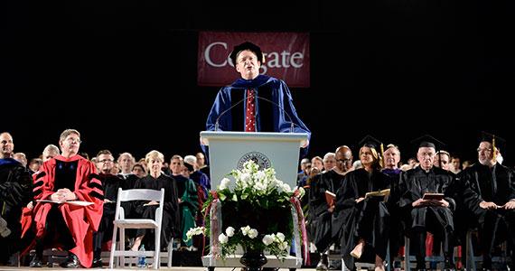 Colgate President Jeffrey Herbst addresses the class of 2014 at Sanford Field House.