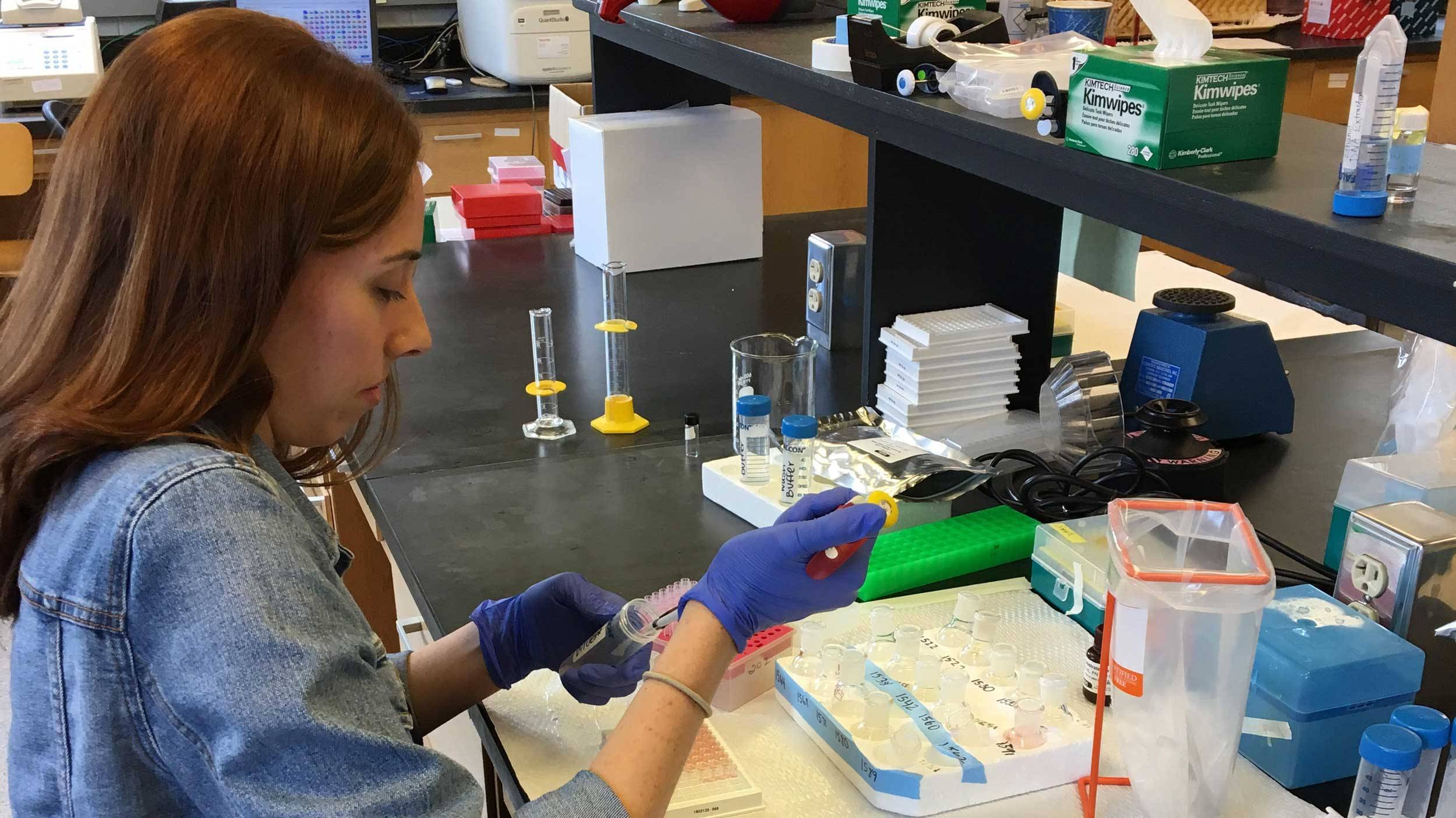 Rebecca Gowen ’19 at her lab table