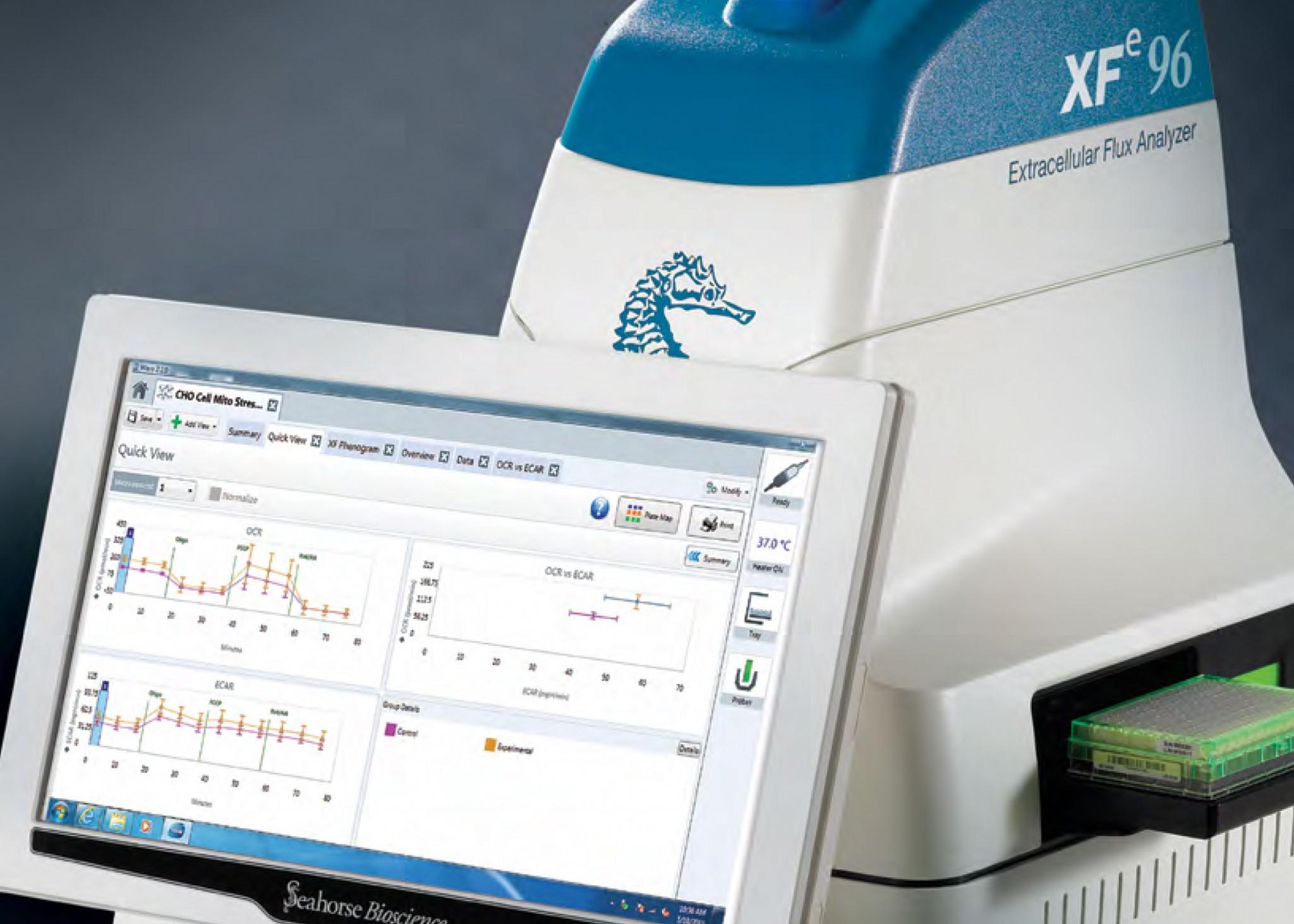 Seahorse scanner sits on desk with computer screen displaying sample analysis