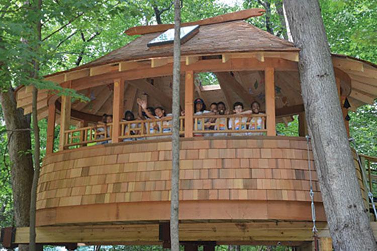 Children in a massive treehouse.