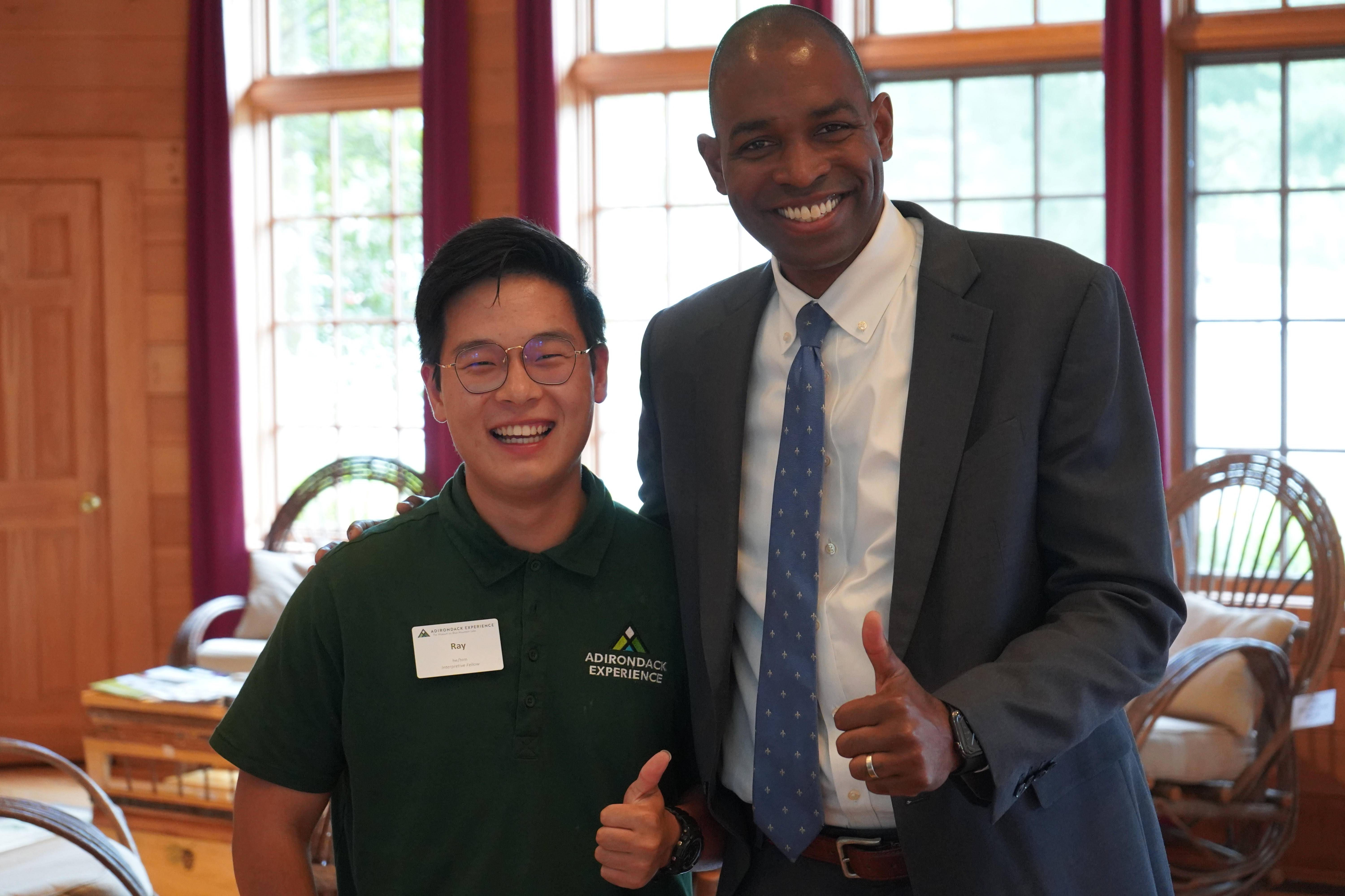 Zhang sharing his summer research with N.Y. Lieutenant Governor Antonio Delgado ’99