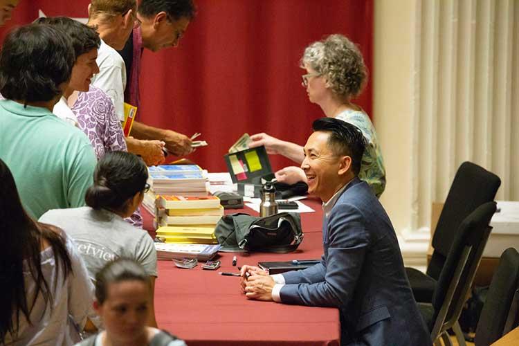 Author Viet Thanh Nguyen with members of the Colgate community following his 2018 Living Writers presentation